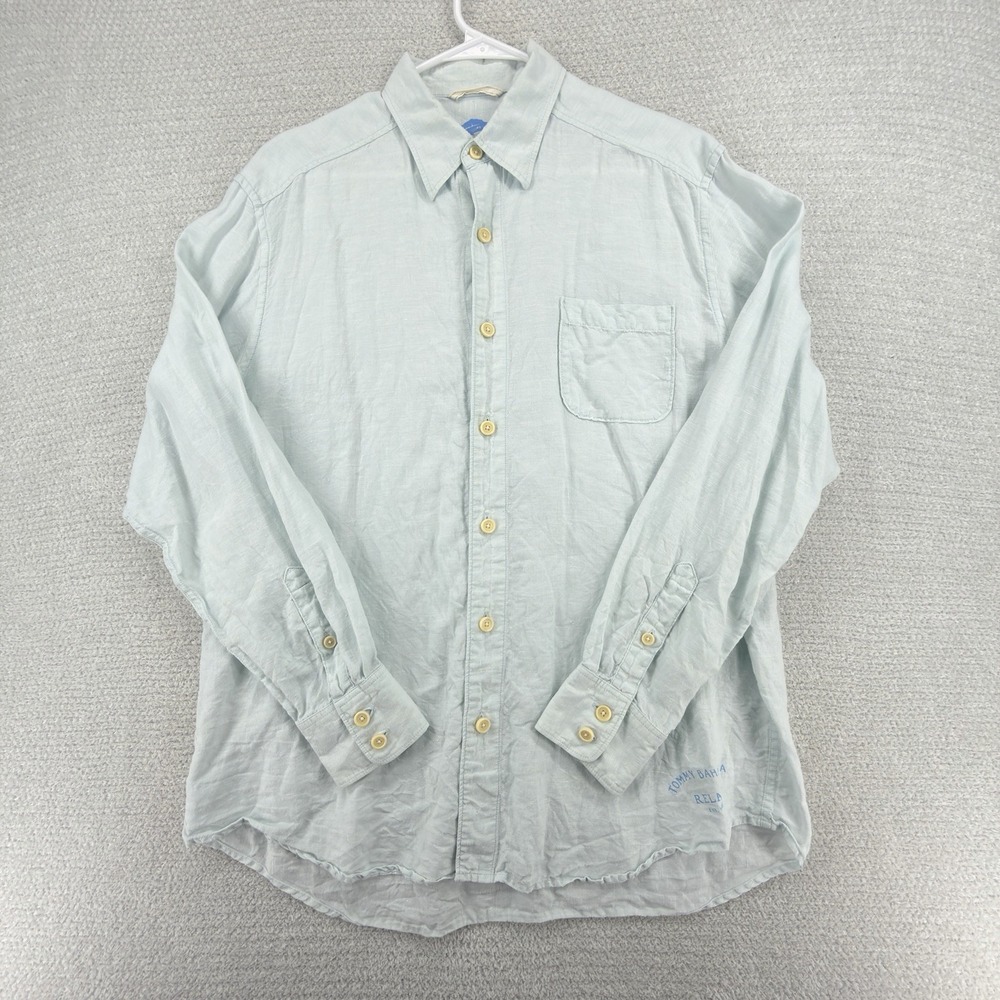 Tommy Bahama Relax 100% Linen Button Up Shirt Mens M Blue Long Sleeve Beach Camp